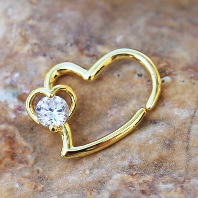 Gold Plated Heart Cartilage Earring with Jeweled Heart - Image 1 of 3