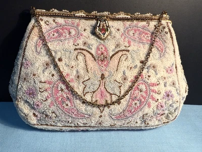 VTG ED ROBINSON BEADED PAISLEY FLORAL 2 SIDED DESIGN  ENAMEL FRAME PURSE FRANCE - Image 1 of 4
