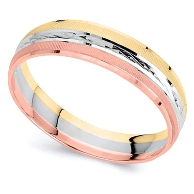 Alianza de boda geométrica de circonita cúbica oro tricolor 14k 4 mm talla 7,5 Foto 1 de 4