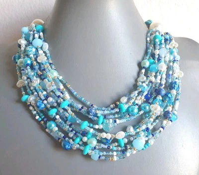 💎💎💎COLLANA DONNA PIETRE DURE AZZURRE,PERLE, MULTIFILO. STILE BOHO 💎💎💎 - Immagine 1 di 4