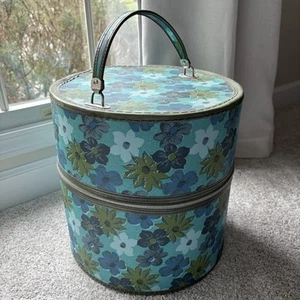 Vintage Blue Floral Flower Hat Box Wig Case Train Case Round Travel Luggage - Picture 1 of 18