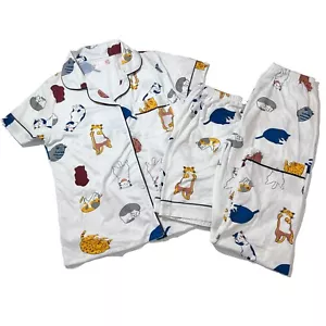 Women Pajama 3PCs Set Cat Print Soft Short Sleeve Pajamas & Shorts & Long Pants - Picture 1 of 4