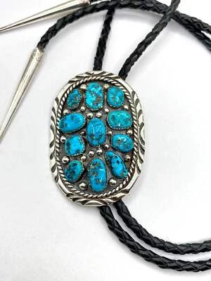 Gravata bolo esterlina vintage Kingman turquesa aglomerado nativo americano assinada - Imagem 1 de 4