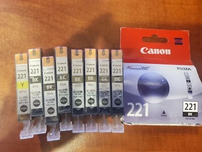 Tanques de tinta negra Canon CLI-221BK Crtg. 7 cajas abiertas y 1 pack NUEVO & 1 amarillo abierto Foto 1 de 2