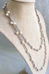 Antique Faux Pearl Flapper Length Necklace; 48" Long - Picture 1 of 8