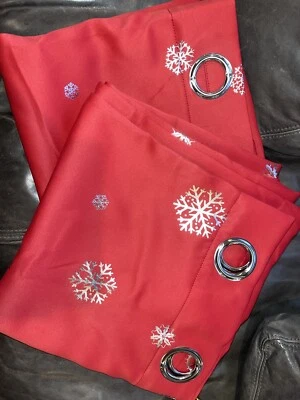 TWO NEW Snowflake Foil Print Red Satin Blackout Curtains 51” Wide 96” Long - Image 1 of 4