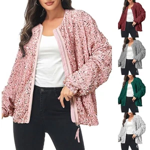 Winter Womens Sequin Jacket Sparkly Long Sleeve Open Front Zipper Coats - Picture 1 of 31