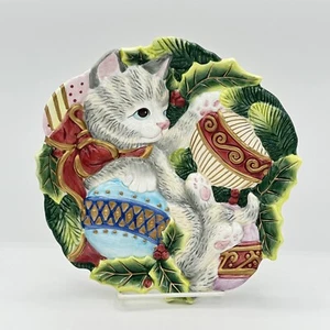 Plato de decoración de pared de Navidad Fitz & Floyd Kristmas Kitty 9 pulgadas hecho a mano - Imagen 1 de 10