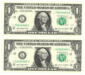 2021 Six of a Kind 8s Fancy Serial One Dollar Lot of 2 Notes Crisp UNC - Bild 1 von 2