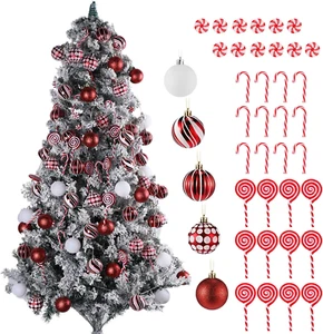 66 Pcs Classic Red and White Christmas Ball Ornaments Decor and Candy Canes Chri - Picture 1 of 7
