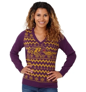 Baltimore Ravens NFL Womens V-Neck Holiday Sweater Ugly Christmas Purple Gold XL - Picture 1 of 9