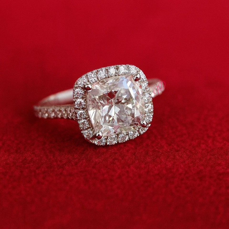 14k Gold Diamond Ring Lab Grown Cushion 2.2 Carat IGI Certified White Size 6 7 8 - Image 1 of 4