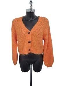 Oliver Bonas Orange Fluffy Cardigan V-Neck Size 8 - Picture 1 of 7