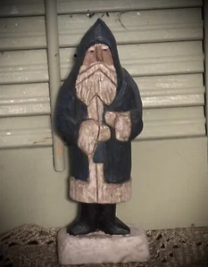 Primitive Blue Paint Wood Carved Santa Claus Belsnickel Bottom Carved Signed - Picture 1 of 21