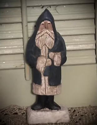 Primitive  Blue Paint Wood Carved Santa Claus Belsnickel Bottom Carved Signed - Image 1 of 4