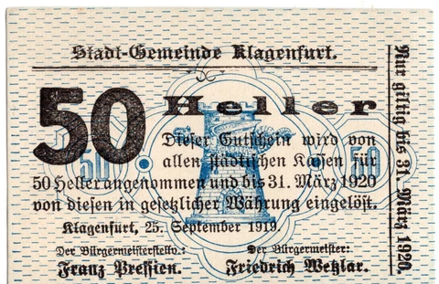 1920 Austria Notgeld Klagenfurt 50 Heller (D312) Cover