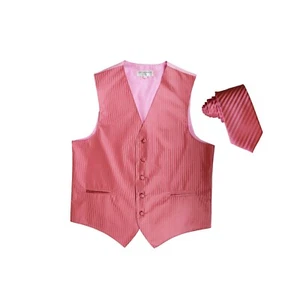 New Men's Tuxedo Vest Vertical Stripes 2.5" Skinny Necktie formal party Coral - Picture 1 of 3