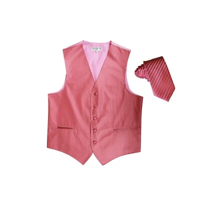 New Men's Tuxedo Vest Vertical Stripes 2.5" Skinny Necktie formal party Coral - Image 1 of 3