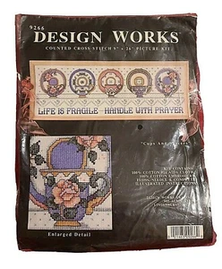 Counted Cross Stitch 9x26 Kit Tea Cups & Saucers Life Is Fragile Handle w/Prayer - Picture 1 of 11
