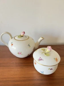Meissen Hand Painted Porcelain Scattered Flowers Teapot & Sugar Bowl Germany - Picture 1 of 17