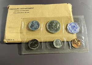 1955 US Mint Proof Set 5 Coins in Original Gov Envelope & Cello Flat Pack RC753 - Picture 1 of 5