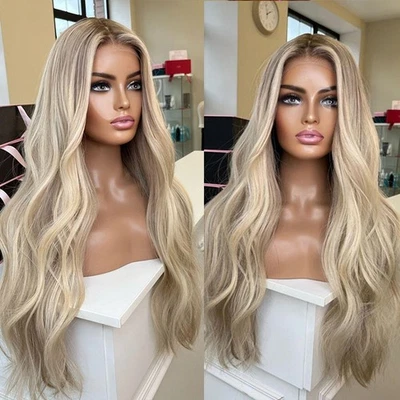 T Lace Front Wigs Long Wavy Synthetic Hair Heat Resistant Highlight Blonde - Image 1 of 4