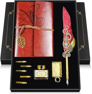 Juego de pluma y tinta pluma pluma, juego de caligrafía antigua con cuero rojo  - Imagen 1 de 7