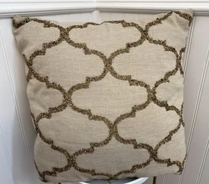 Pottery Barn Geometric Beaded Beige Accent  Pillow 18” Square - Picture 1 of 7