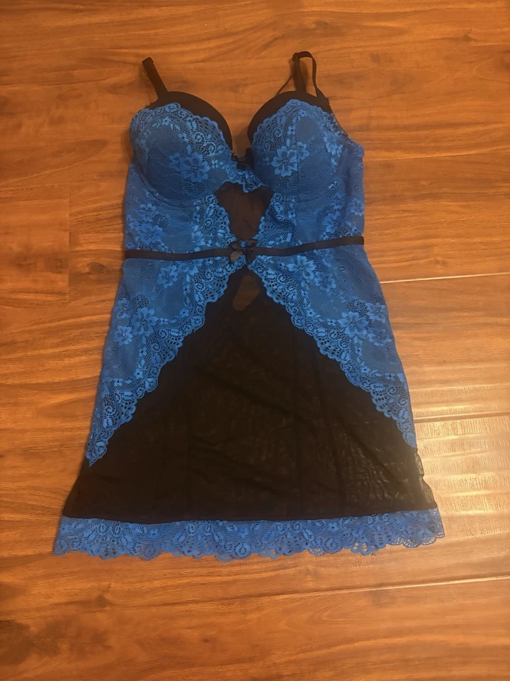 Vestido Muñeca Bebé Frederick's of Hollywood Vintage Encaje, Azul y Negro Foto 1 de 4