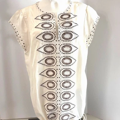 BCBGMaxAzria - Blusa Crema Seda con Detalle Marrón, Talla Grande, Nueva con Etiquetas. Foto 1 de 4