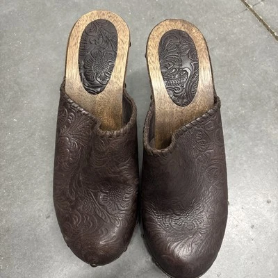 复古木制棕色皮革木屐厚底香蕉共和国 10 码波西米亚穆勒鞋 — 第 1/4 张图片