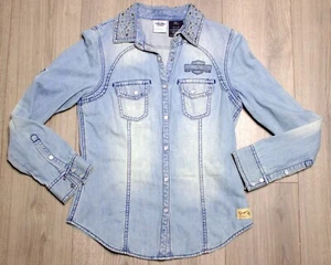 Vintage Original Harley Davidson Langarm Jeans Shirt Perle Knopf Druckknopf Damen AS - Bild 1 von 7