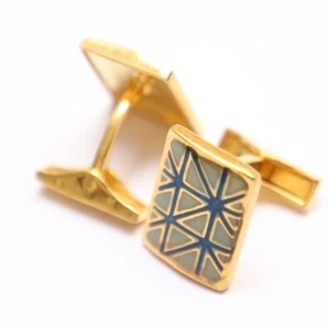 925 Sterling Silver Blue Gray EnamelSquare Shape Gold PlatedAnniversary Cufflink - Picture 1 of 5