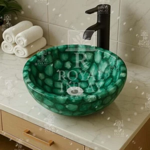 Luxury Green Agate Gemstone Sink – Handmade Round Stone Wash Basin - Picture 1 of 8