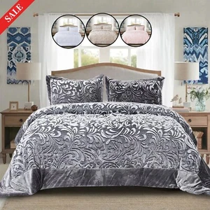 Quilted Velvet Bedspread 3 Piece Throw Pillow Shams Double King Size Bedding Set - Picture 1 of 6