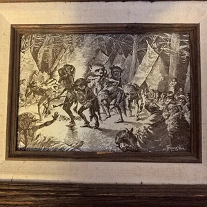 Antique 1890s Frederic Remington Framed Wood Block Engraving dancing indians - Picture 1 of 7