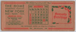 Vtg The Home Insurance Co Ink Blotter Calendar Dec 1942 Brooklyn NY - Picture 1 of 2