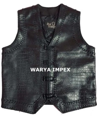 Men's Leather Vest Real Black Leather vest Biker  Crocodile Style Motorbike Vest - Image 1 of 4