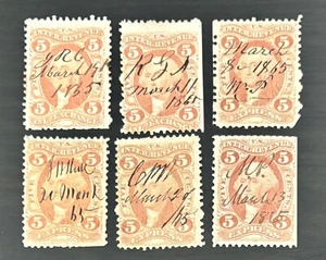 1865 WASHINGTON 5CENT REVENUE STAMPS - 6 PEN CANCELED STAMPS - Picture 1 of 2