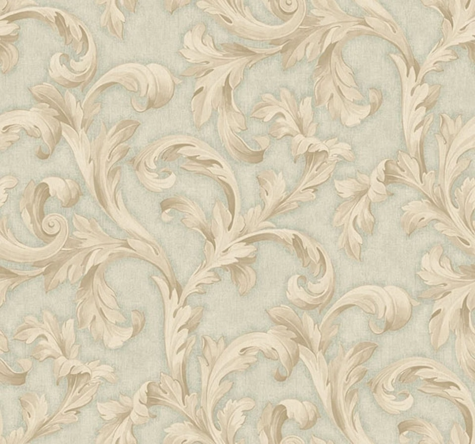 Acanthus Scroll Wallpaper in Taupe, Tan, Teal by Wallquest DM20303 - Image 1 of 1