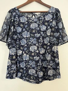 Lucky Brand Top Women’s XL Blue Floral Flutter Sleeve Cotton Modal Babydoll - Picture 1 of 7