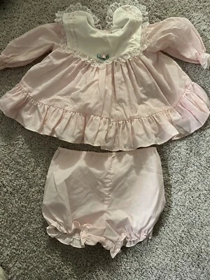 Vintage 80's Bryan Girl's Dress Cotton Pink Pinstripe Lace 2 Piece 12 Months - Image 1 of 4