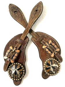 VINTAGE SPUR LEATHERS,COWBOY DECOR,CROSS PISTOLS,COPPER,SILVER?CONCHO,PROP,GIFT! - Picture 1 of 8