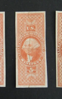 US Revenue Stamp R90a 5 Dollar Manifest Imperforate 1st Issue 1862-1871 - Image 1 of 2
