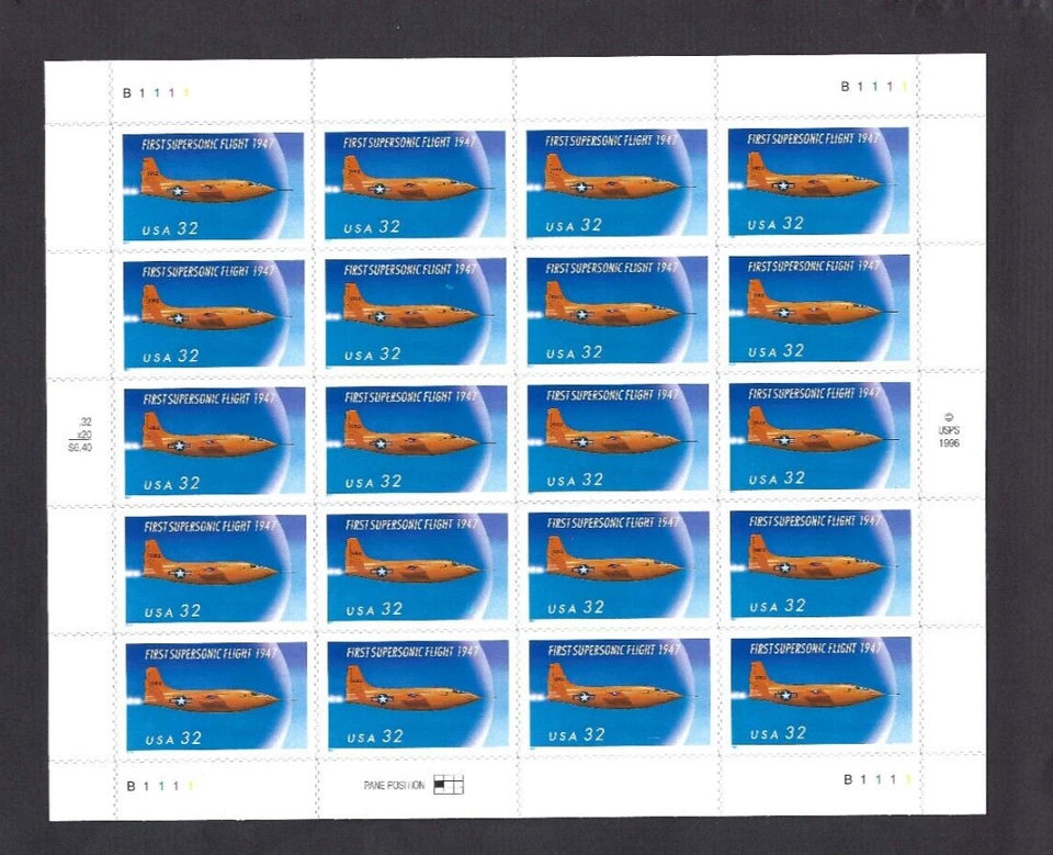US Scott# 3173 1997 32c Pane of 20 Supersonic Flight, 50th P#B1111 ML MNH VF - Image 1 of 1