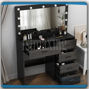 Black Vanity Desk With Large Mirror &11 Led Bulbs Drawers Makeup Dressing Table - Picture 1 of 9