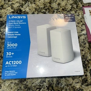 NEW Linksys Velop VLP0102-NP AC1200 Dual Band Mesh WiFi 5 System White 2 Pack - Afbeelding 1 van 8