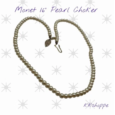 Monet 16 Inch Faux Pearl Choker Necklace Gold Tone Leaf Clasp - Image 1 of 4