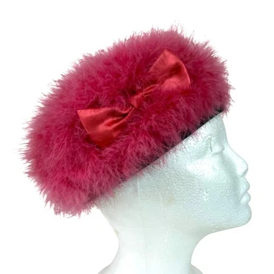 Pink Angora Beret Hat Satin Bow VTG Fuzzy Raspberry French Style 50s 60s Winter - Image 1 of 4