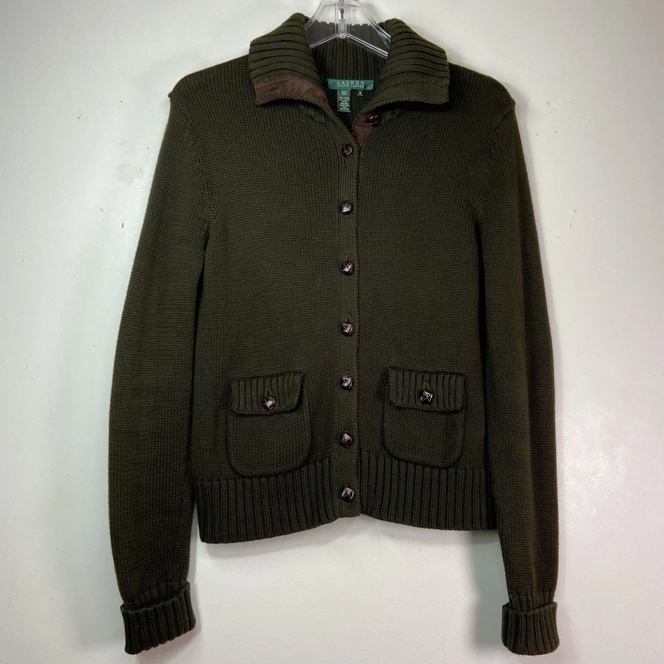 Ralph Lauren Cotton Cardigan Womens SZ M Green Suede Elbow Patch Equestrian - Image 1 of 4